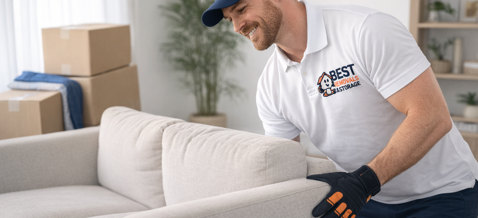 Best Removals Man with Logo lifting sofa - moving checklist