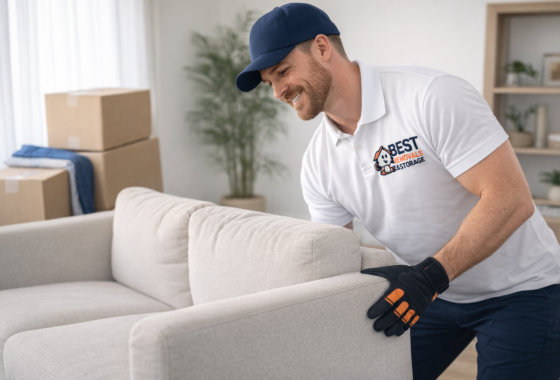 Best Removals Man with Logo lifting sofa - moving checklist